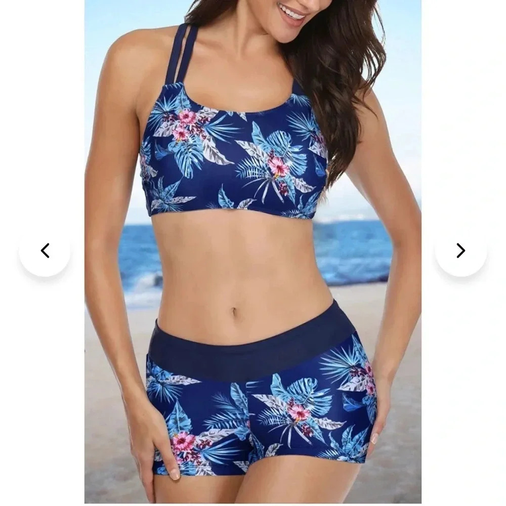 Holpick blue tropical floral print top and swim shorts bathing suit size 22W NWT